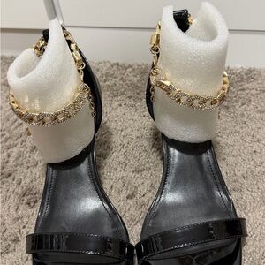 Guess Black Patent Heeled Sandals with Gold Chain Ankle Strap